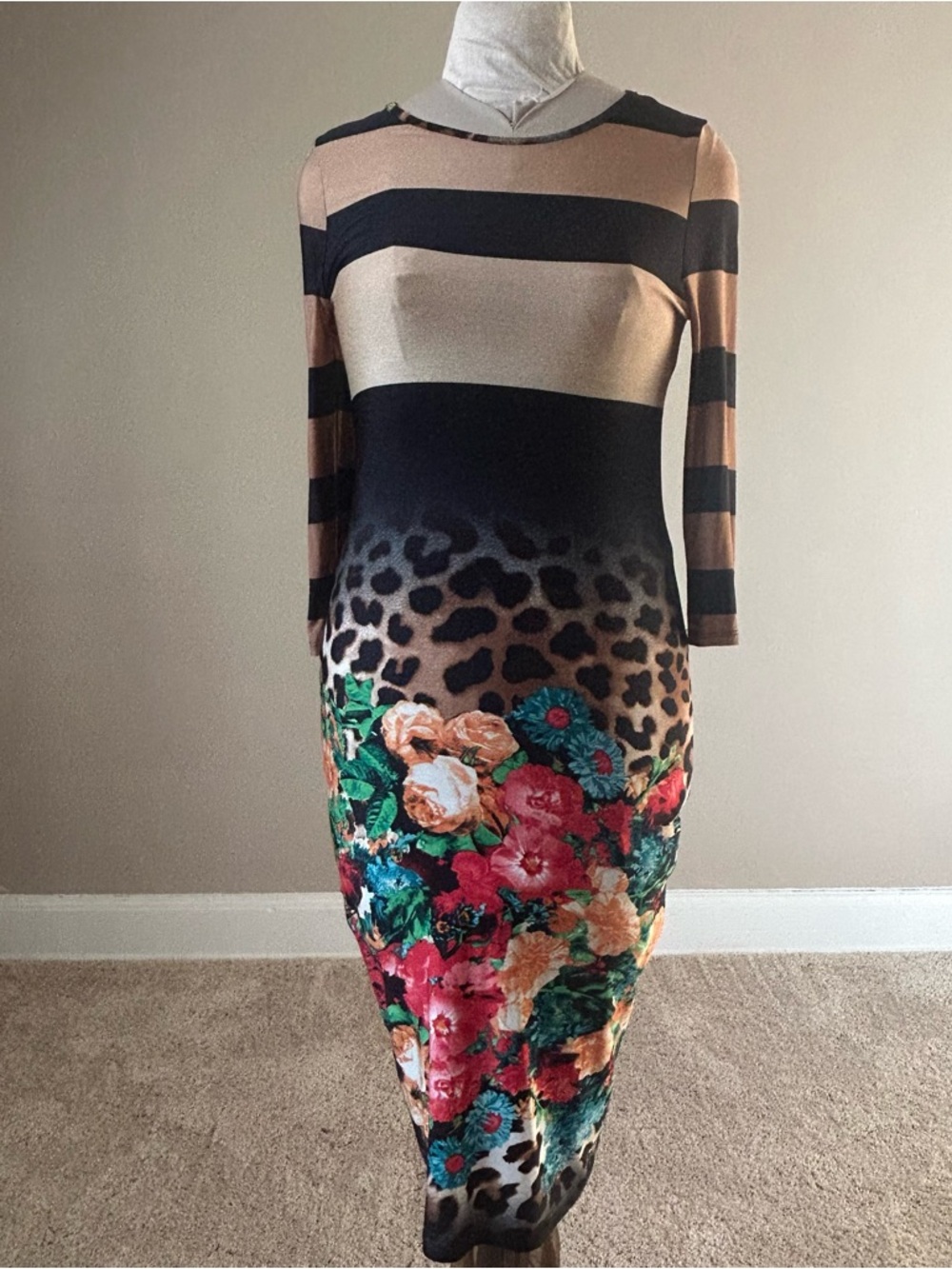 Floral & Leopard-Print Long Sleeve Midi Dress in Black and Tan